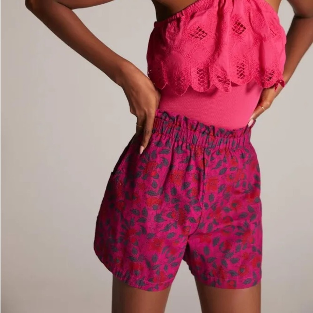 Anthropologie Pink Floral Print Elastic Waist Shorts
